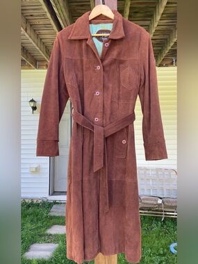 Wilsons Maxima Brown Suede Trench Coat with Button Cuffs